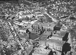 A bird's eye view of the mill in the 1950s. Katherine Hall is seen just behind the mill.