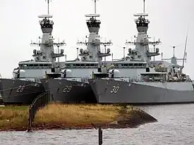 KDB Nakhoda Ragam (28), KDB Bendahara Sakam (29), and KDB Jerambak (30) sitting outside BAE Scotstoun, Scotland, September 2007.