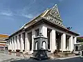 Thai-Chinese Ubosot rebuilt in King Rama III period, single front roof, without Chofas located at Wat Ratchaorasaram, Bangkok