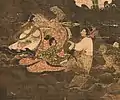 Details of the Water-Moon Avalokiteshvara painting shows a group of nobles (possibly the donors) dress in court clothing, Goryeo painting.