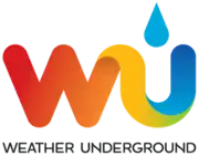 Weather underground logo appears with the letters W U colored in a gradient from red to blue. There is a raindrop above the letter U. Under this graphic is smaller black text reading "Weather Underground."