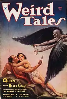 Magazine cover showing a man and a woman under attack from a winged man