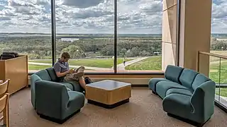 A view out of the large windows of Welder Library