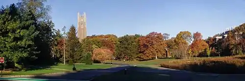 Image of Wellesley College's Galen Stone Tower with trees during Fall in front.