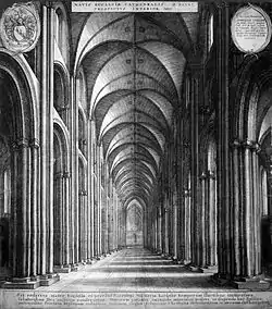 Engraving of the nave, a vast, long space with Norman arches stretching into the distance and a vaulted ceiling. The rose window is just visible in the distance.