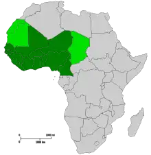 Map of the African continent, with green highlights around the lower western peninsular