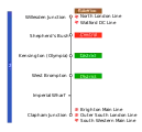 Line map of the West London line, showing connections and travelcard zones