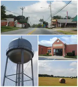 Top, left to right: Main Street, Water tower, West Pelzer Elementary School, field with bales of hay