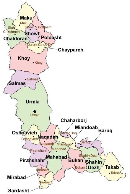 Location of Urmia County in West Azerbaijan province (center, green)