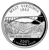 The West Virginia state quarter, released in 2005, features the New River Gorge Bridge.