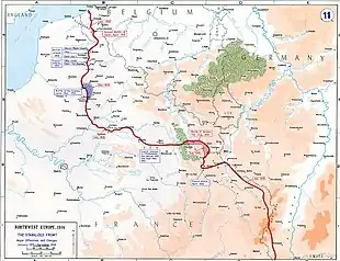 Map of Northern France and Belgium with a red line marking the trench system from the channel to the Swiss border