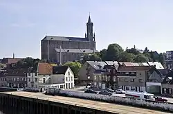 Belgian town with large church in background