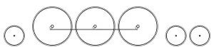 Diagram of one small leading wheel, three large driving wheels joined together with a coupling rod, and two small trailing wheels