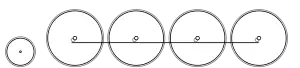 Diagram of one small leading wheel, and four large driving wheels joined by a coupling rod