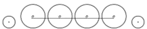 Diagram of one small leading wheel, four large driving wheels joined by a coupling rod, and one small trailing wheel