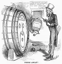 "Uncle Sam" cartoon tapping a Louisville whiskey barrel, captioned "probe away"