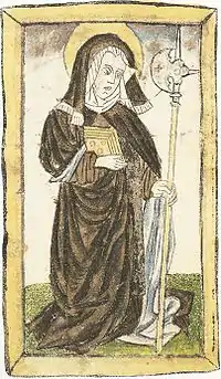 Saint Wiborada is often (anachronistically) depicted with a halberd to indicate the means of her martyrdom.