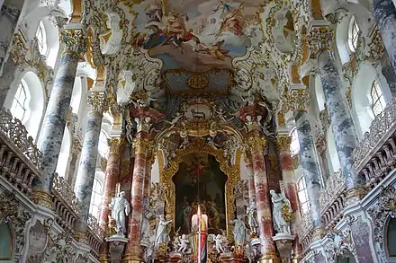 Rococo reinterpretations of the Corinthian order in the Pilgrimage Church of Wies, Steingaden, Germany, by Dominikus and Johann Baptist Zimmermann, 1746-1754