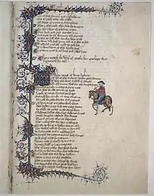 The opening page of The Wife of Bath's Tale from the Ellesmere Manuscript of The Canterbury Tales, circa 1405-1410.