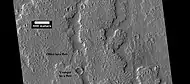 Close-up of lava flow with labels, as seen by HiRISE under HiWish program.  Note: this is an enlargement of the previous image of lava flows.