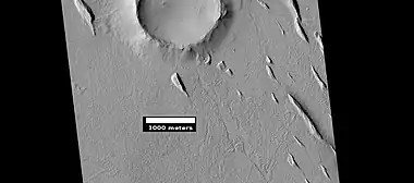 Yardangs near a crater, as seen by HiRISE under HiWish program. Location is in the Amazonis quadrangle.