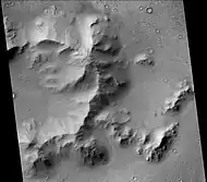 Central mound of Burton Crater, showing dark slope streaks, as seen by CTX camera (on Mars Reconnaissance Orbiter).  Note: this is an enlargement of the previous image of Burton Crater.