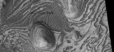 Layers and faults in Firsoff Crater, as seen by HiRISE under HiWish program.  Arrows show one large fault, but there are other smaller ones in the picture.