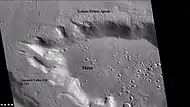 Wide CTX view of mesa showing lobate debris apron (LDA) and lineated valley fill.  Both are believed to be debris-covered glaciers.