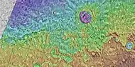 MOLA map of Lyot and other nearby craters.  Colors indicate elevations.