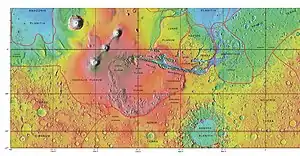 MOLA map showing boundaries for Lunae Planum and other regions. Colors indicate elevations.