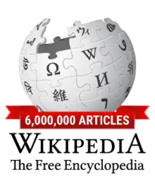 Wikipedia's globe logo with a red banner across the bottom that says, "6,000,000 articles", and below that Wikipedia's motto, "The free encyclopedia".