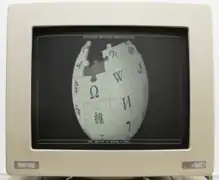 Wikipedia logo displayed on a CRT monitor by a Hercules-compatible video card