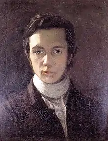 A self fortrate of a young white male facing directly at the viewer; the background is brown