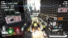 A screenshot of gameplay. The player's ship is airborne in the centre of the screen, and its surroundings display a futuristic adaption of New York City. The game's interface displays the lap and time, current position, number of experience points, and the speedometer.