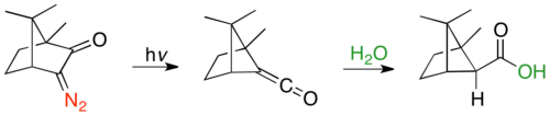 Ring contraction of α-diazocamphor via Wolff-rearrangement, followed by hydration from more sterically accessible endo face.