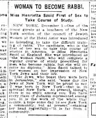 1904 article reporting Henrietta Szold's intention to pursue rabbinical studies without ordination (The Indianapolis News, 1 Dec 1904)