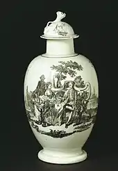 Royal Worcester soft-paste tea canister, transfer-printed in black enamel c. 1768