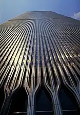 One of the towers of the World Trade Center seen from the ground.