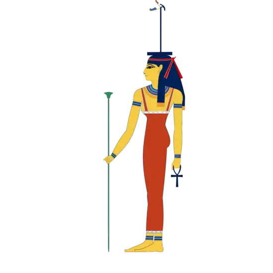 Image of Wosret with a staff and a was-scepter on her head.