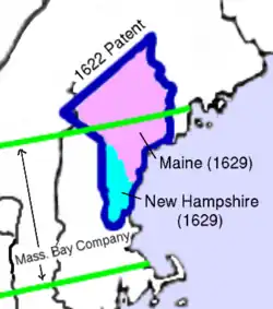 The 1622 grant of the Province of Maine is shown outlined in blue. The 1629 division into the Province of New Hampshire (south of the Piscataqua) and the Province of Maine (north of the Piscataqua) is shown by shading. The boundaries of the Massachusetts Bay Company grant are shown in green.