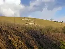 Outline of a crown cut into the hillside. Wye Crown, at Wye, Kent