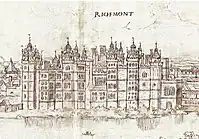 A black-and-white sketch of a palace with many cupolas.