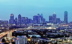 A portion of the Stemmons Corridor (the buildings at the bottom of the photo, the top is downtown Dallas' skyline.)