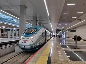 A TCDD HT80000 EMU awaiting departure from the tracks underneath the ATG terminal