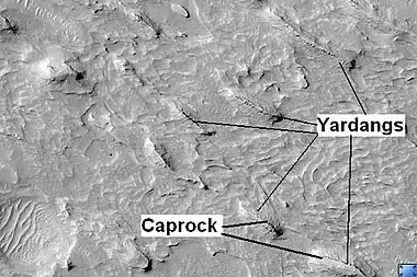 Yardangs in Medusae Fossae Formation with caprock labeled, as seen by HiRISE