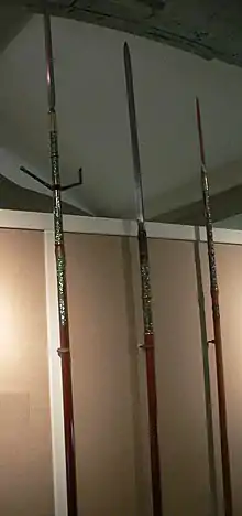 Three yari (Kagi yari, omi yari and su yari) mounted in koshirae