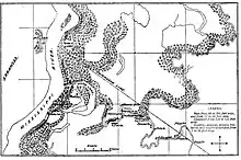 Map of the waterways covered in the early part of the expedition. Beginning at the Yazoo Cut on the Mississippi just below Helena, Arkansas, it passes through Moon Lake, then along the Yazoo Pass to the Coldwater River.