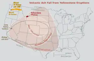 Map of the United States showing volcanic ash fall from Yellowstone eruptions in some case covering over one third of the country.