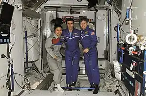 Yi So-yeon with NASA astronaut Peggy Whitson (right), Expedition 16 commander, and Russian Federal Space Agency cosmonaut Yuri Malenchenko (middle), flight engineer, at the International Space Station.