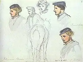 Several sketches of a person's head, some in color.